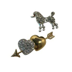 Vintage Womens Poodle & Heart With Arrow Rhinestone Brooch Set